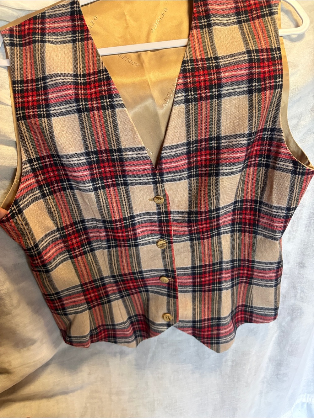 Adolfo Plaid Button-Front Vest in Red, Navy, Tan